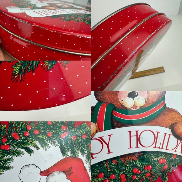 Vtg Round Metal Tin Teddy Bear Happy Holidays Red w Polka Dots 10in Diameter - Picture 4 of 13